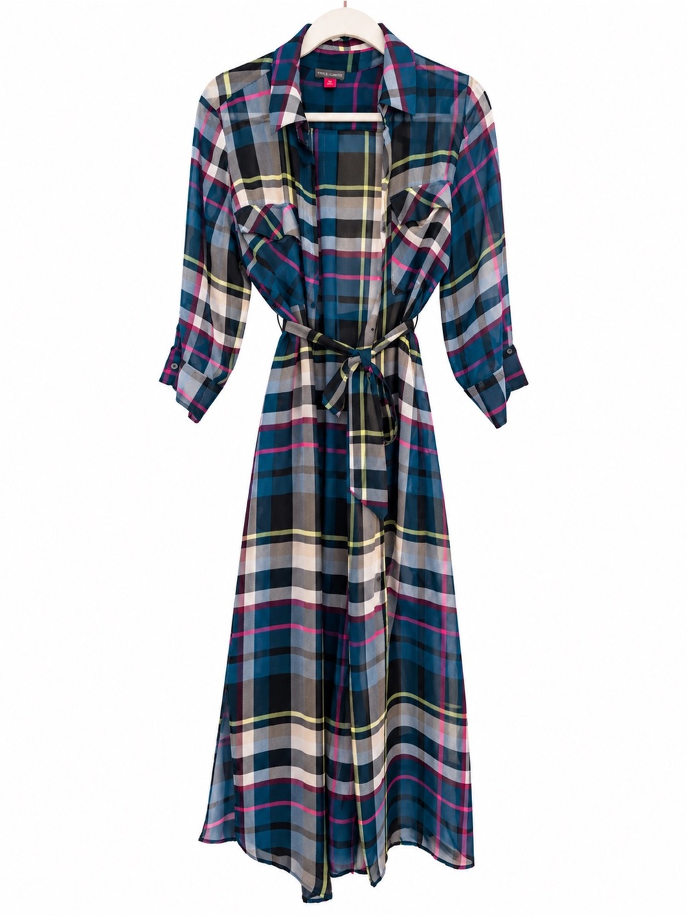 Vince Camuto Plaid Belted Sheer Midi Shirt Dress Blue Teal Pink Green & Black